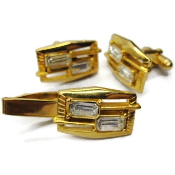 Cufflinks Set w Tie Clasp Gold Tone Emerald Cut Rhinestone Dress Suit Vintage - Picture 2 of 9
